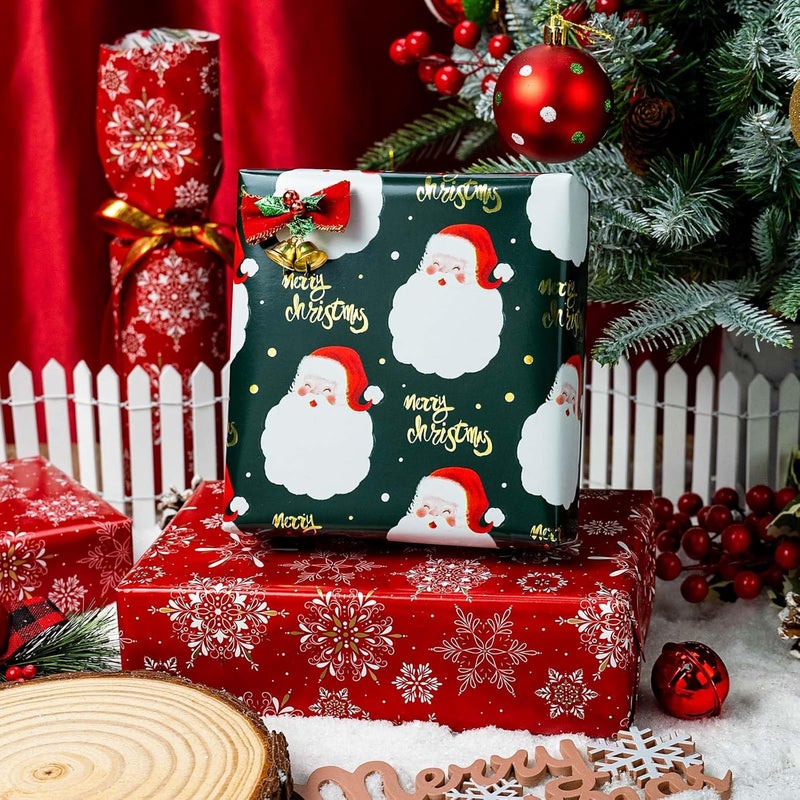 MAYPLUSS Christmas Wrapping Paper Roll - 17IN X 33FT - Green Gift Wrap Paper Featuring Santa Claus Gold Merry Christmas Reversible Snowflake for Kids, Holiday, New Year - Image 5